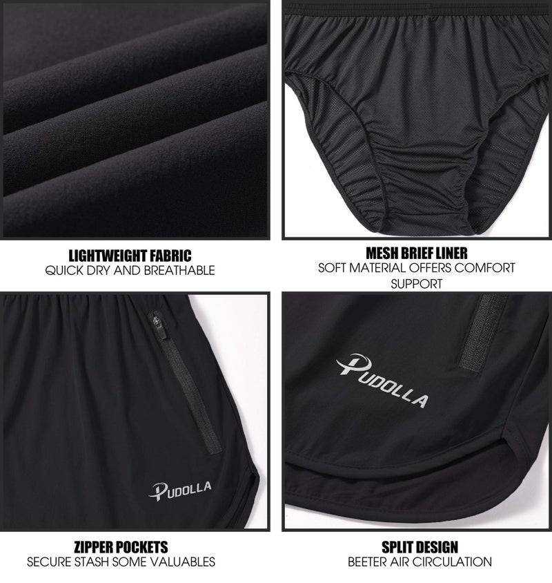 Pudolla Menâ€™s Running Shorts 3 Inch Quick Dry Gym Athletic Workout Shorts for Men with Zipper Pockets(Black Medium) - Image 5